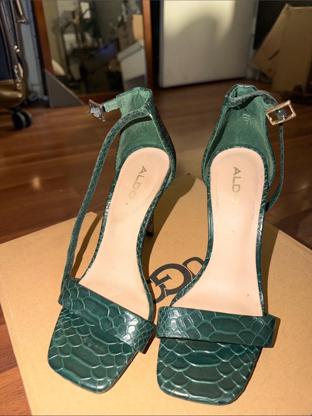 ALDO Dark Green Croc Embossed Ankle-Strap Heels